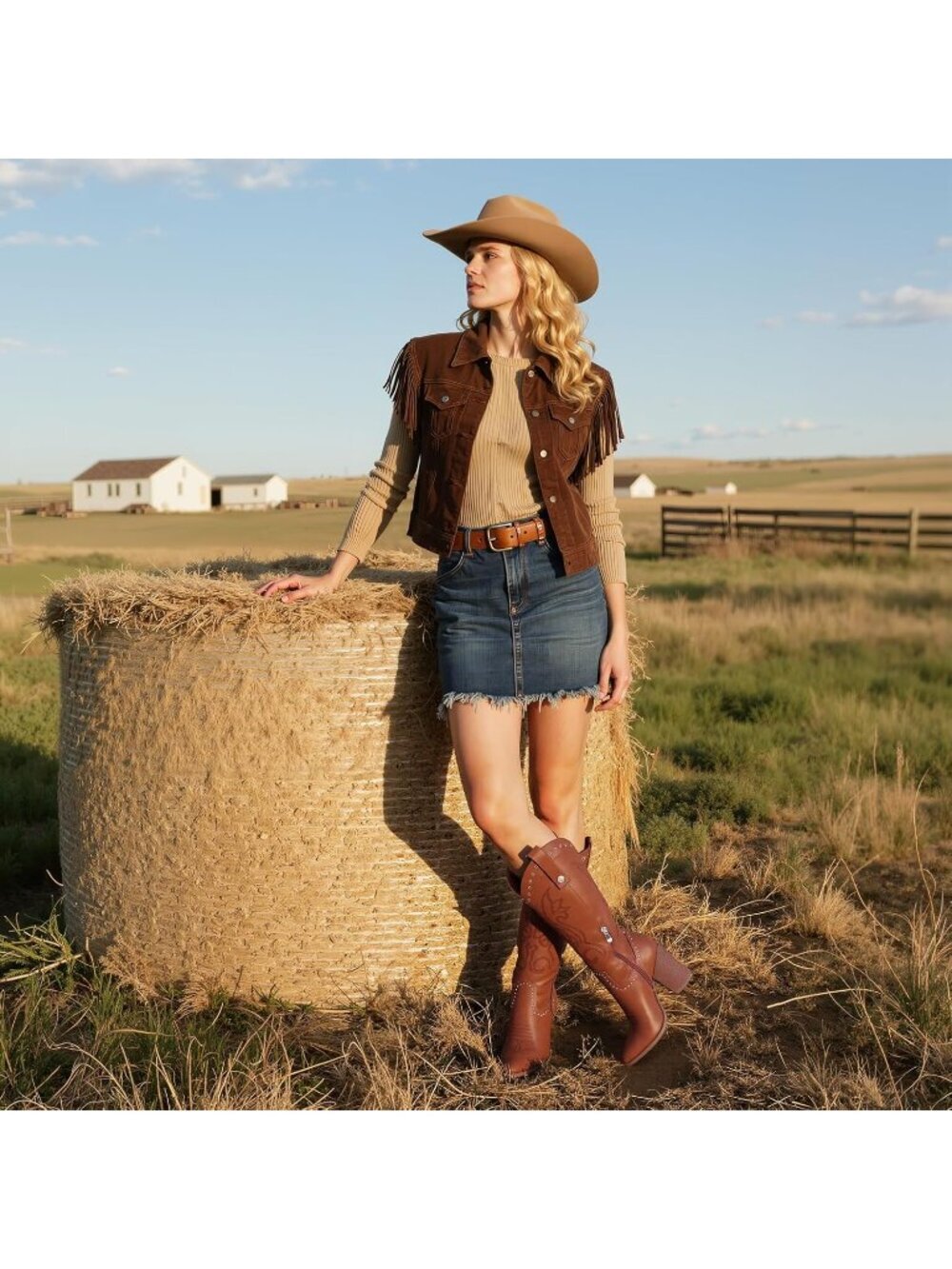 Women's Pointed Toe Chunky High Heels 2 Brown Pull-on Embroidered Western Boots - Picture 2 of 6